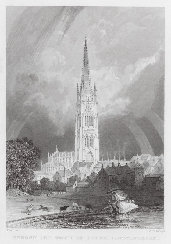 Kyrkan och staden Louth, Lincolnshire (gravyr) av Thomas (after) Allom