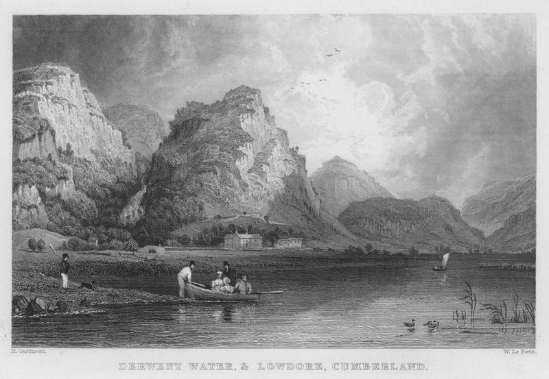 Derwent Water och Lowdore, Cumberland (gravyr) av Thomas (after) Allom