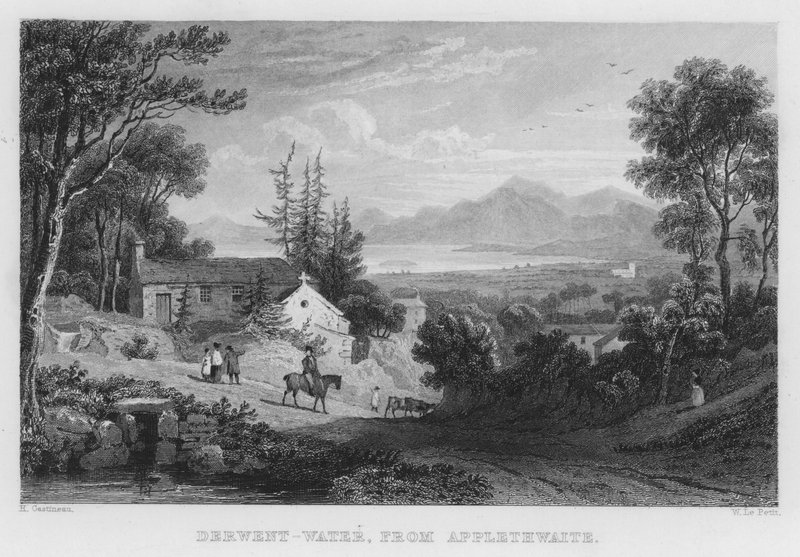 Derwent Water, från Applethwaite (gravyr) av Thomas (after) Allom