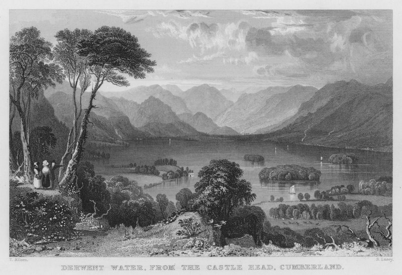 Derwent Water, från Castle Head, Cumberland (gravyr) av Thomas (after) Allom