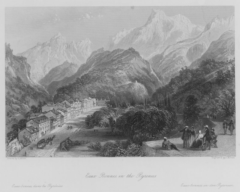 Eaux Bonnes, i Pyrenéerna (gravyr) av Thomas (after) Allom