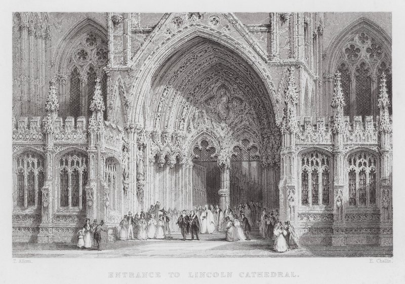 Ingång till Lincoln Cathedral (gravyr) av Thomas (after) Allom