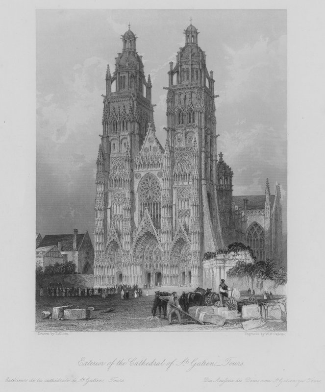 Exteriör av katedralen St Gatien, Tours (gravyr) av Thomas (after) Allom