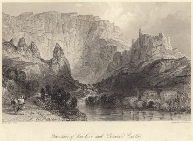 Fontänen i Vaucluse och Petrarcas slott (gravyr) av Thomas (after) Allom