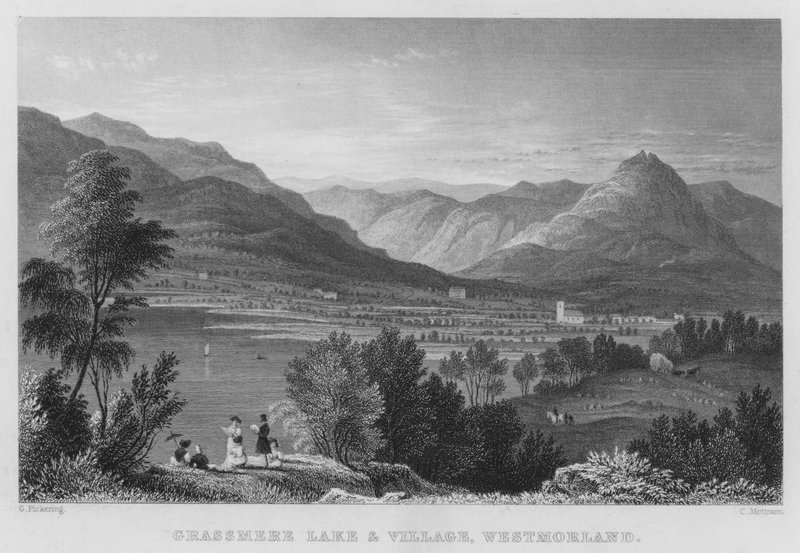 Grassmere Lake and Village, Westmorland (gravyr) av Thomas (after) Allom
