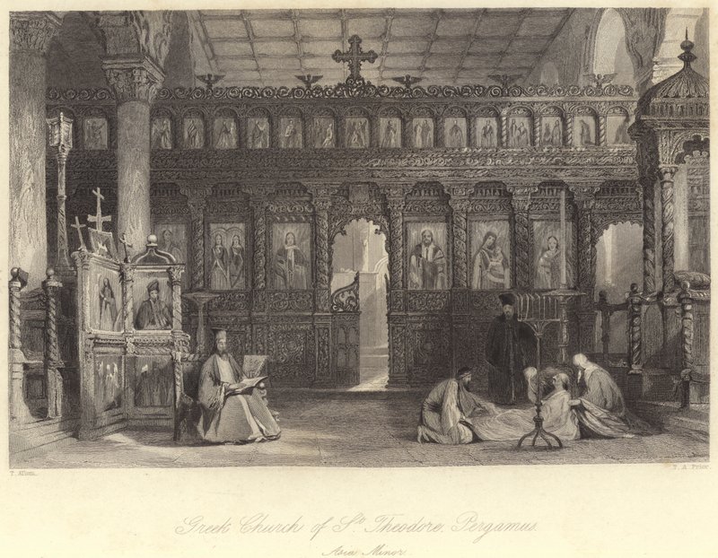 Grekiska kyrkan St Theodore, Pergamus, Mindre Asien (gravyr) av Thomas (after) Allom