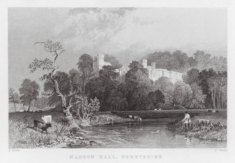 Haddon Hall, Derbyshire (gravyr) av Thomas (after) Allom