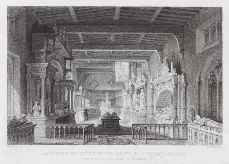 Interiör av Bottesford Church, Leicestershire, Monument till Earls of Rutland (gravyr) av Thomas (after) Allom