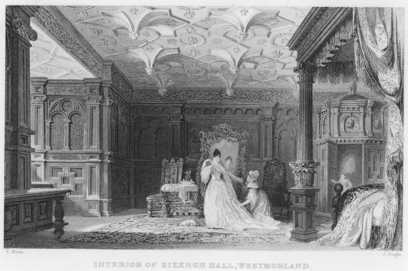 Interiör av Sizergh Hall, Westmorland (gravyr) av Thomas (after) Allom