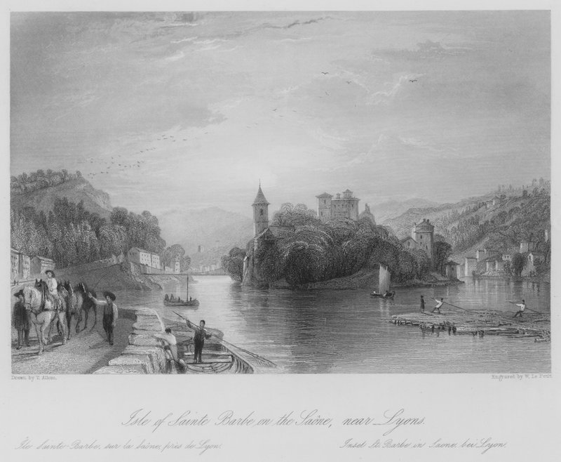 Isle of Sainte Barbe på Saone, nära Lyon (gravyr) av Thomas (after) Allom