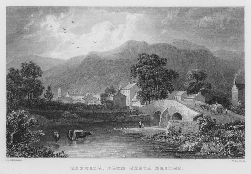 Keswick, från Greta Bridge (gravyr) av Thomas (after) Allom