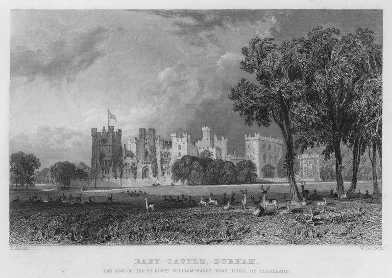 Raby Castle, Durham, säte för William-Harry Vane, hertig av Cleveland (gravyr) av Thomas (after) Allom