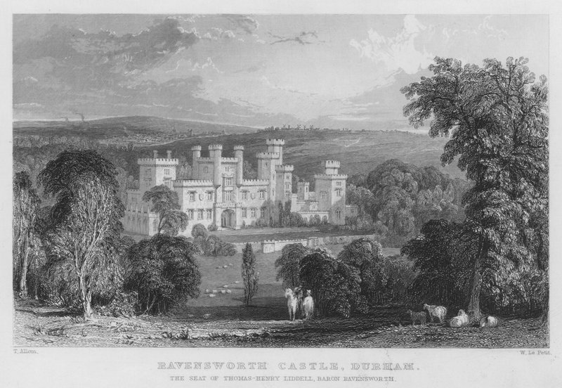 Ravensworth Castle, Durham, säte för Thomas-Henry Liddell, Baron Ravensworth (gravyr) av Thomas (after) Allom