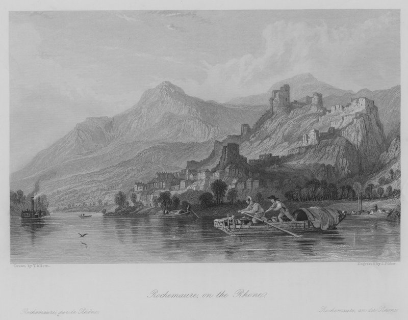 Rochemaure, vid Rhone (gravyr) av Thomas (after) Allom