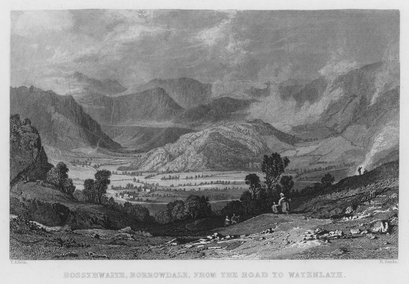 Rossthwaite, Borrowdale, från vägen till Watenlath (gravyr) av Thomas (after) Allom