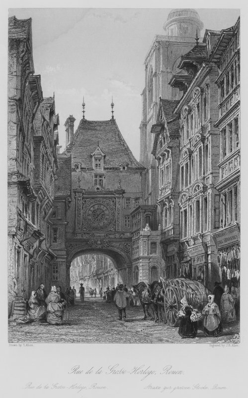 Rue de la Grosse-Horloge, Rouen (gravyr) av Thomas (after) Allom