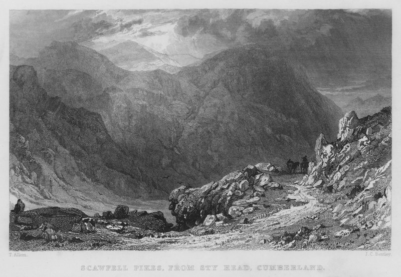 Scawfell Pikes, från Sty Head, Cumberland (gravyr) av Thomas (after) Allom