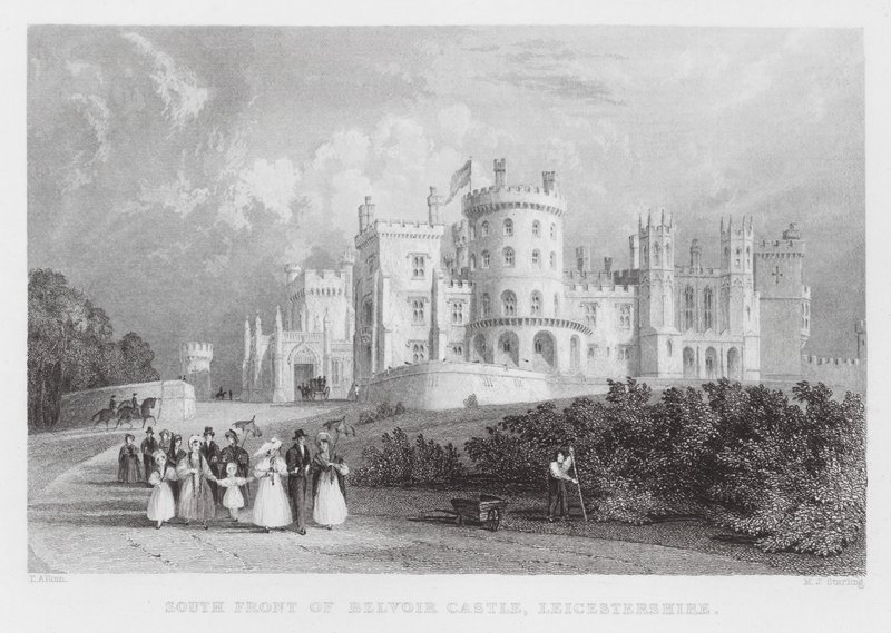 Södra fronten av Belvoir Castle, Leicestershire (gravyr) av Thomas (after) Allom