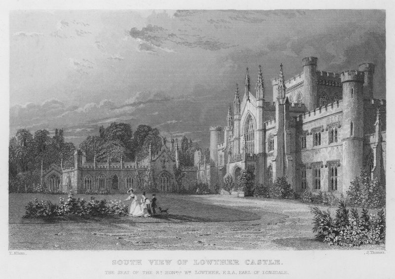 South View of Lowther Castle, säte för William Lowther, Earl of Lonsdale (gravyr) av Thomas (after) Allom