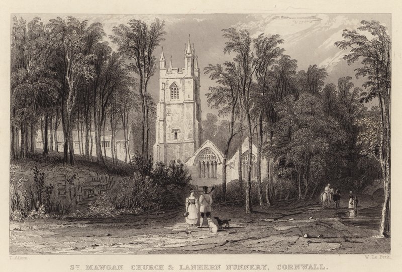 St Mawgan Church och Lanhern Nunnery, Cornwall (gravyr) av Thomas (after) Allom