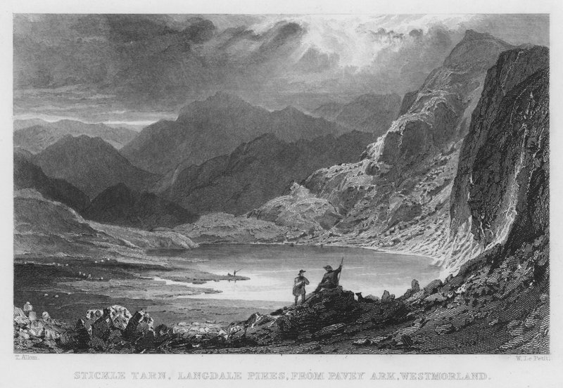 Stickle Tarn, Langdale Pikes, från Pavey Ark, Westmorland (gravyr) av Thomas (after) Allom
