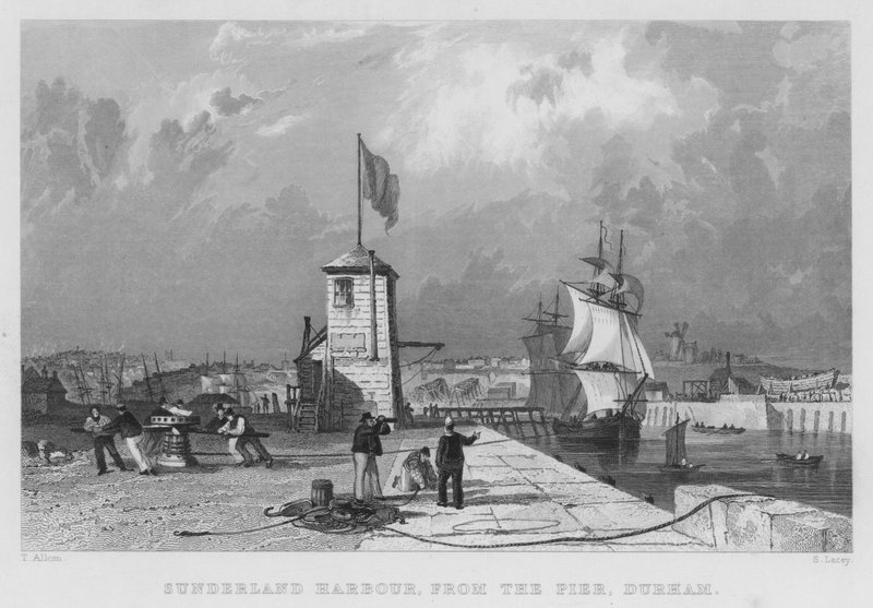 Sunderland Harbour, från piren, Durham (gravyr) av Thomas (after) Allom