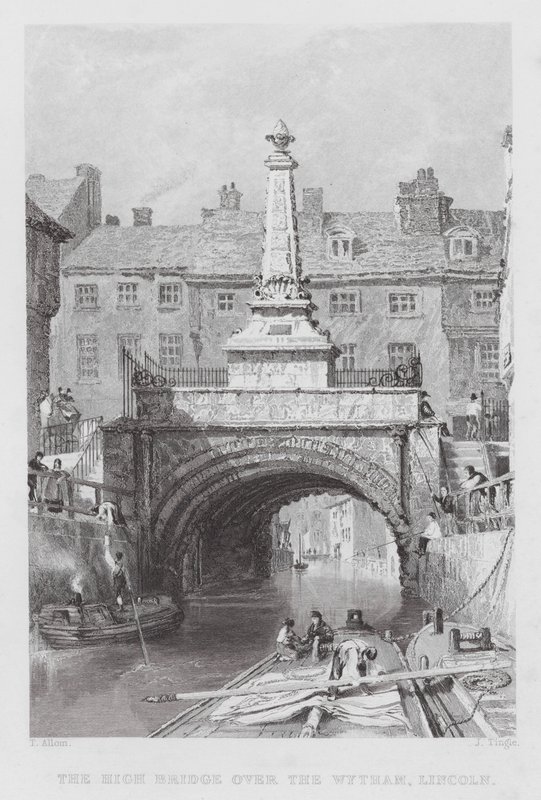 Den höga bron över Wytham, Lincoln (gravyr) av Thomas (after) Allom