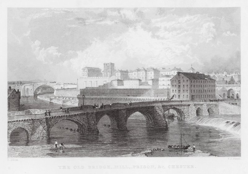The Old Bridge, Mill, Prison, etc, Chester (gravyr) av Thomas (after) Allom