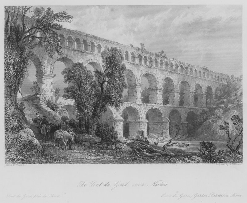 Pont du Gard, nära Nismes (gravyr) av Thomas (after) Allom