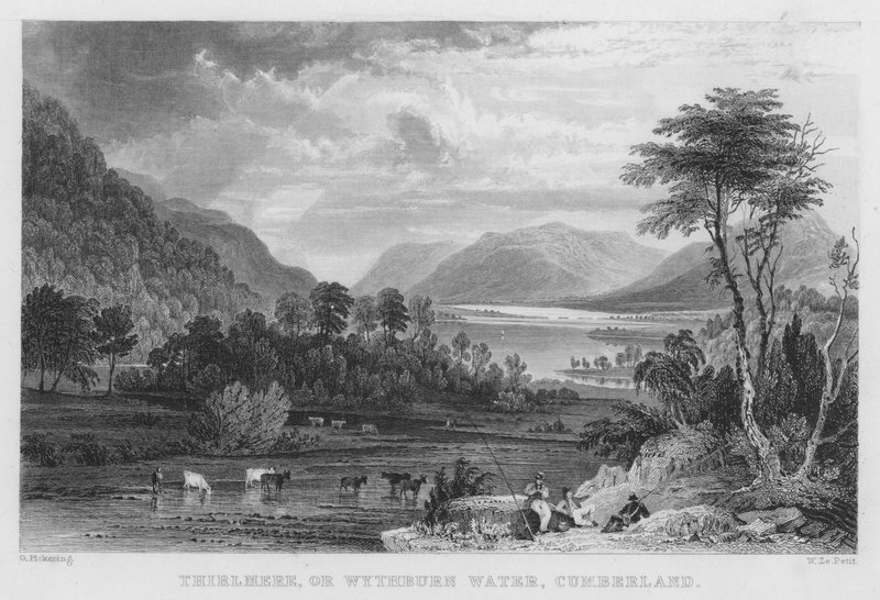 Thirlmere, eller Wythburn Water, Cumberland (gravyr) av Thomas (after) Allom