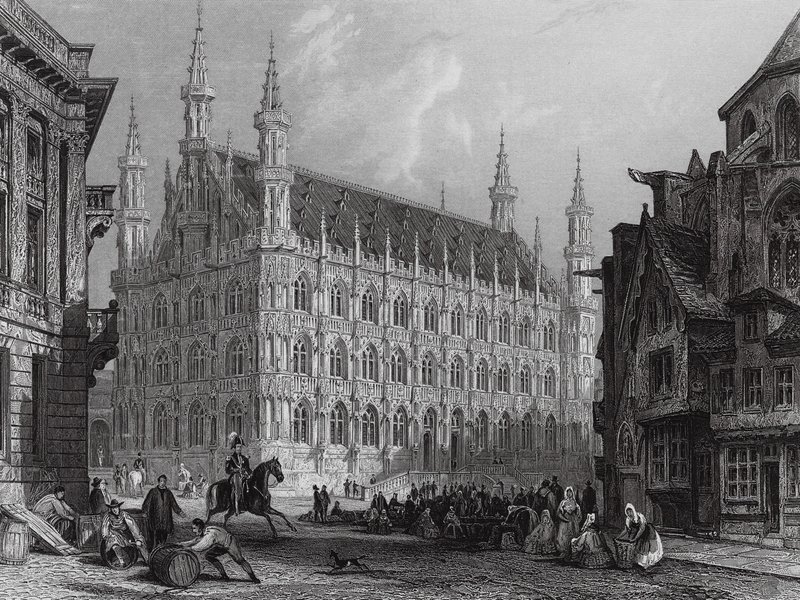 Rådhuset i Louvain, med en del av katedralen (gravyr) av Thomas (after) Allom