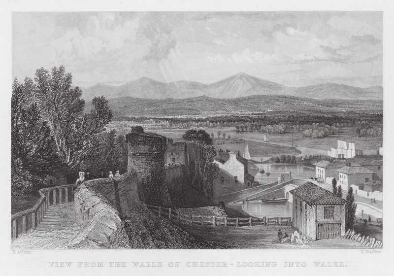 Utsikt från Walls of Chester, titta in i Wales (gravyr) av Thomas (after) Allom