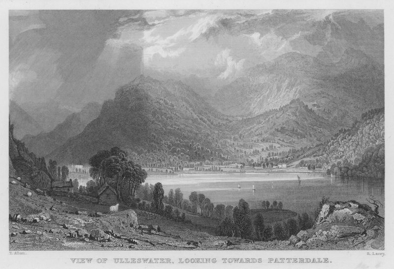 Utsikt över Ulleswater, med utsikt mot Patterdale (gravyr) av Thomas (after) Allom