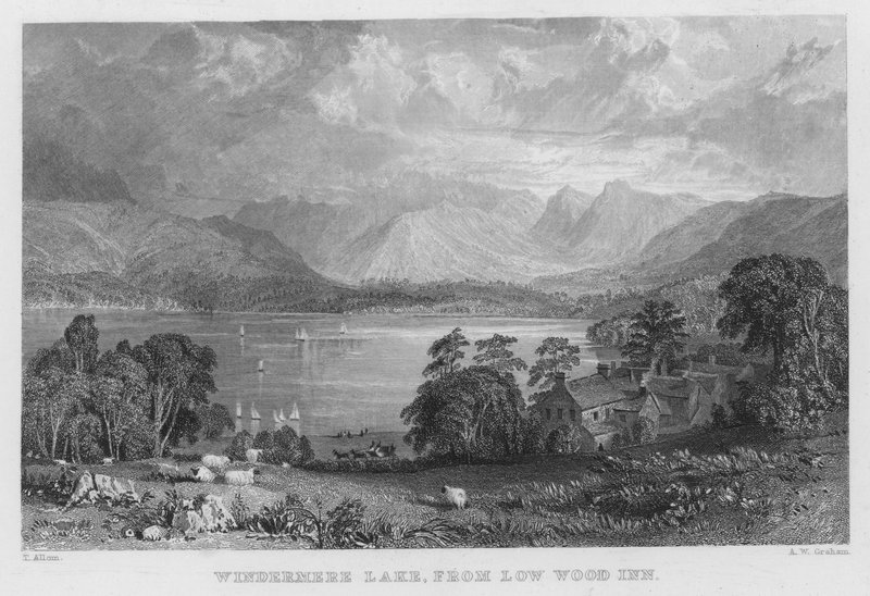 Windermere Lake, från Low Wood Inn (gravyr) av Thomas (after) Allom