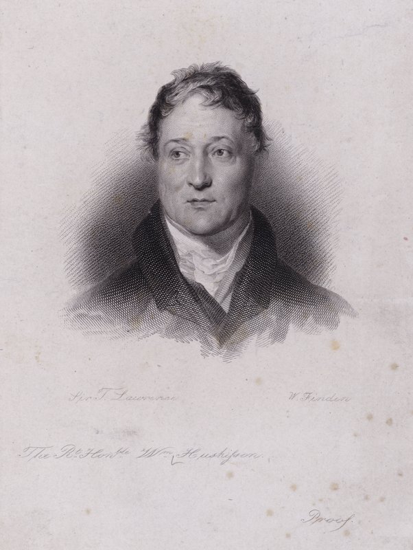 William Huskisson, engelsk politiker och finansman, dödades i en järnvägsolycka när han blev överkörd av Robert Stephensons banbrytande ånglok Rocket (gravyr) av Thomas (after) Lawrence