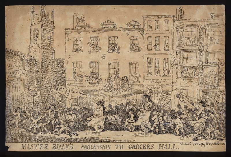 Mästare Billys procession till Grocers Hall; Politisk satir över processionen av William Pitt den yngre till Grocers Hall för att ta emot Londons frihet av Thomas (after) Rowlandson