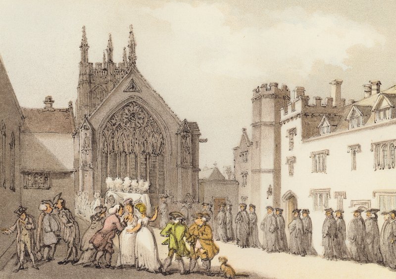 Merton College and Chapel, från den första fyrkanten (färg litho) av Thomas (after) Rowlandson