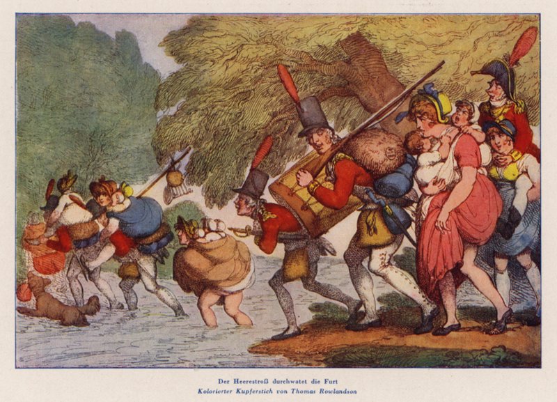 Soldater på en mars (färgad gravyr) av Thomas (after) Rowlandson