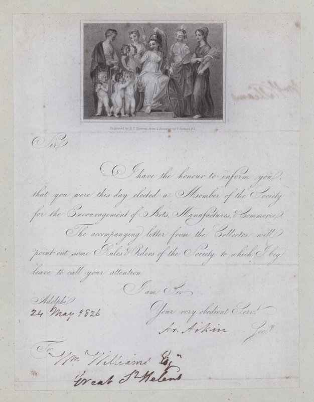 Bekräftelsebrev på val till medlemskap i Society for the Encouragement of Arts, Manufacturers and Commerce av Thomas (after) Stothard