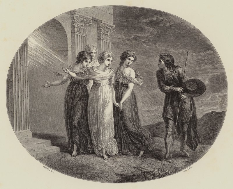 Inbjudan, från "Pilgrims framfart" (gravyr) av Thomas (after) Stothard