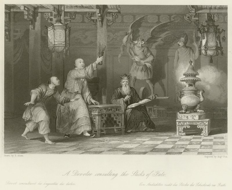 En anhängare som konsulterar Sticks of Fate av Thomas Allom