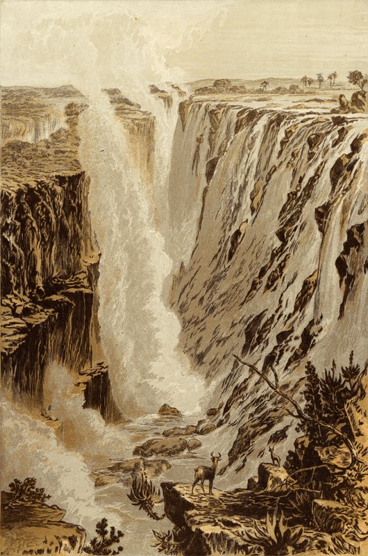 Victoriafallet, Zambesi, från den östra delen av klyftan (chromolitho) av Thomas Baines