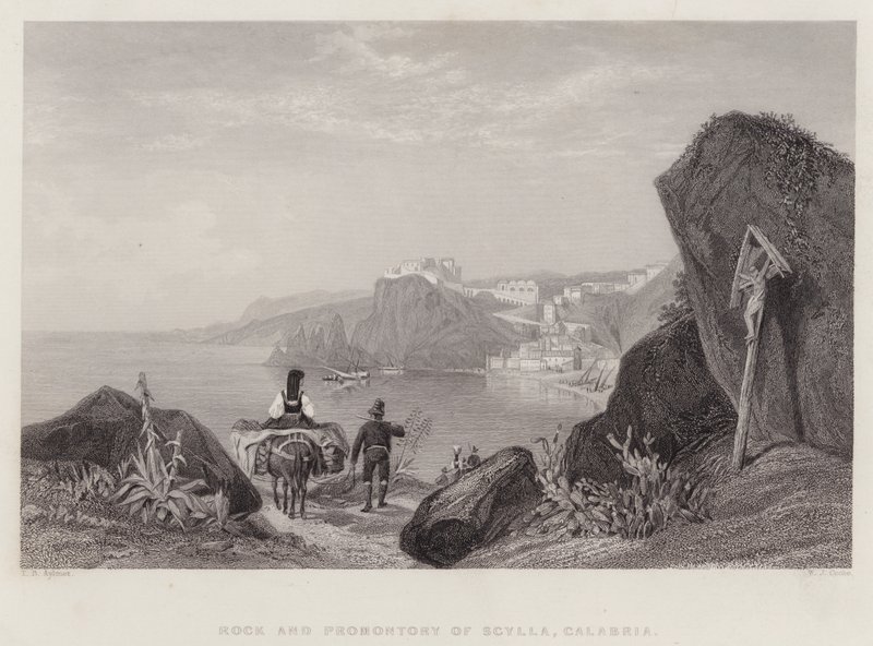 Klippan och udden av Scylla, Kalabrien, Italien (gravyr) av Thomas Brabazon Aylmer