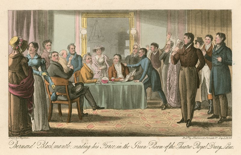 Bernard Blackmantle, läser sin fars i Green Room på Theatre Royal, Drury Lane, London av Thomas Charles Wageman