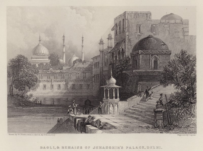 Baoli och resterna av Jehanghirs palats, Delhi (färg litho) av Thomas Colman (after) Dibdin