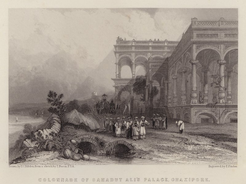 Kolonnaden av Saadat Ali-palatset, Ghazipur (färg litho) av Thomas Colman (after) Dibdin