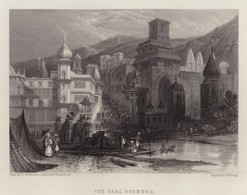 The Ghat, Hurdwar (färg litho) av Thomas Colman (after) Dibdin