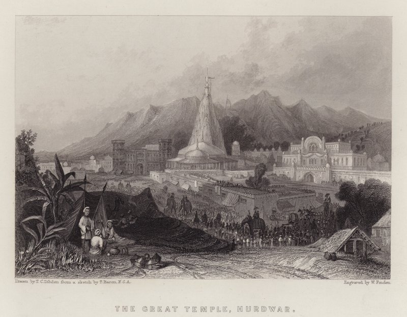 Det stora templet, Hurdwar (färg litho) av Thomas Colman (after) Dibdin