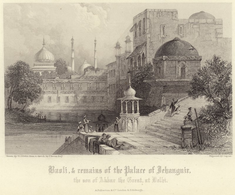 Baoli och resterna av Palace of Jehanguir av Thomas Colman Dibdin