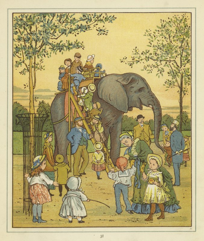 En grupp människor i London Zoo fotograferar vid sidan av en elefant som ger ridturer. av Thomas Crane